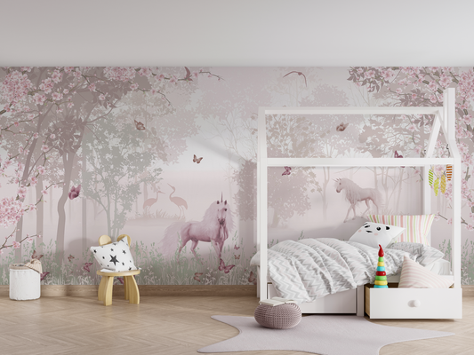 Magical Unicorn Forest Mural Wallpaper - Pink Watercolor and Cherry Blossoms