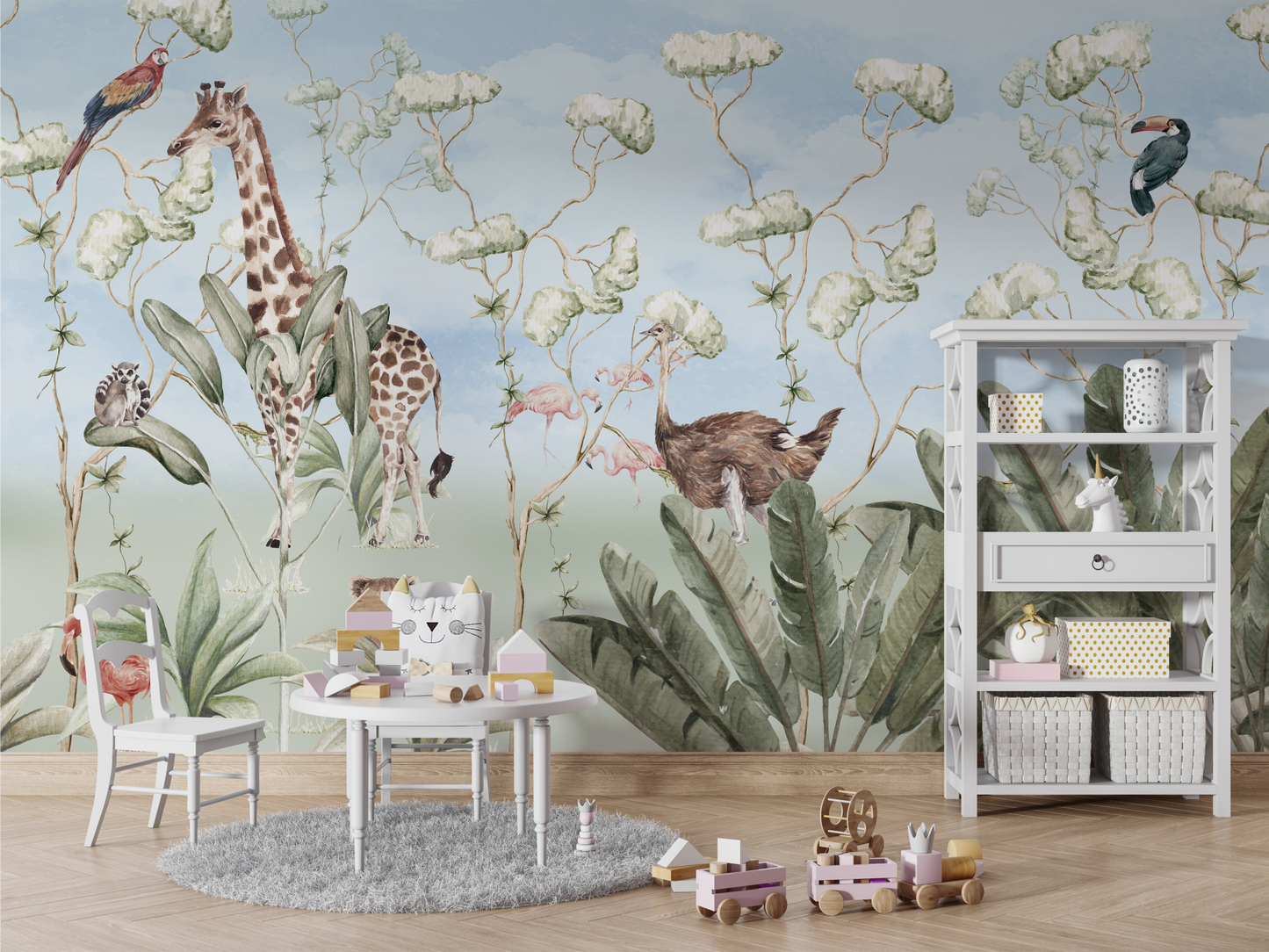 Lush Safari Mural Wallpaper with Ostrich and Flamingos - Kids Watercolor