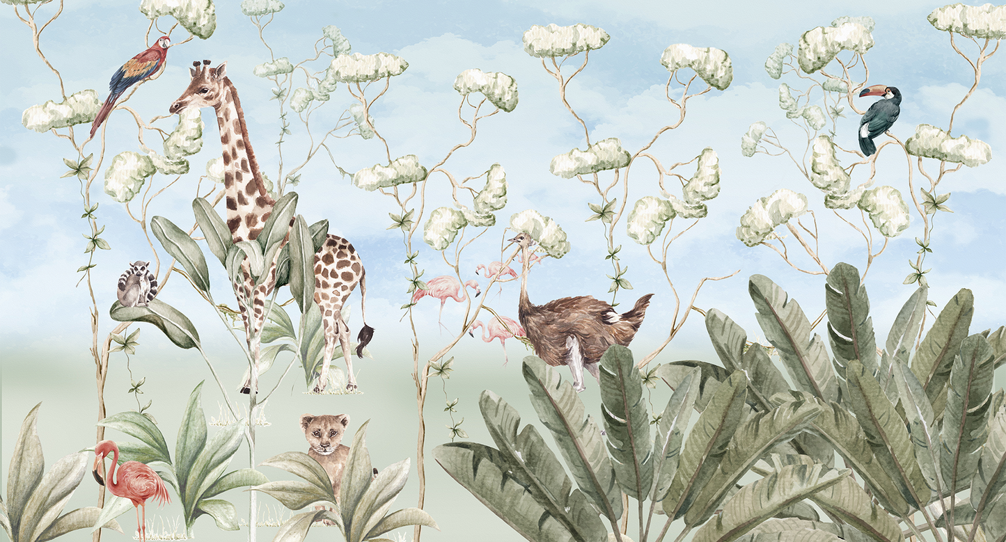 Lush Safari Mural Wallpaper with Ostrich and Flamingos - Kids Watercolor