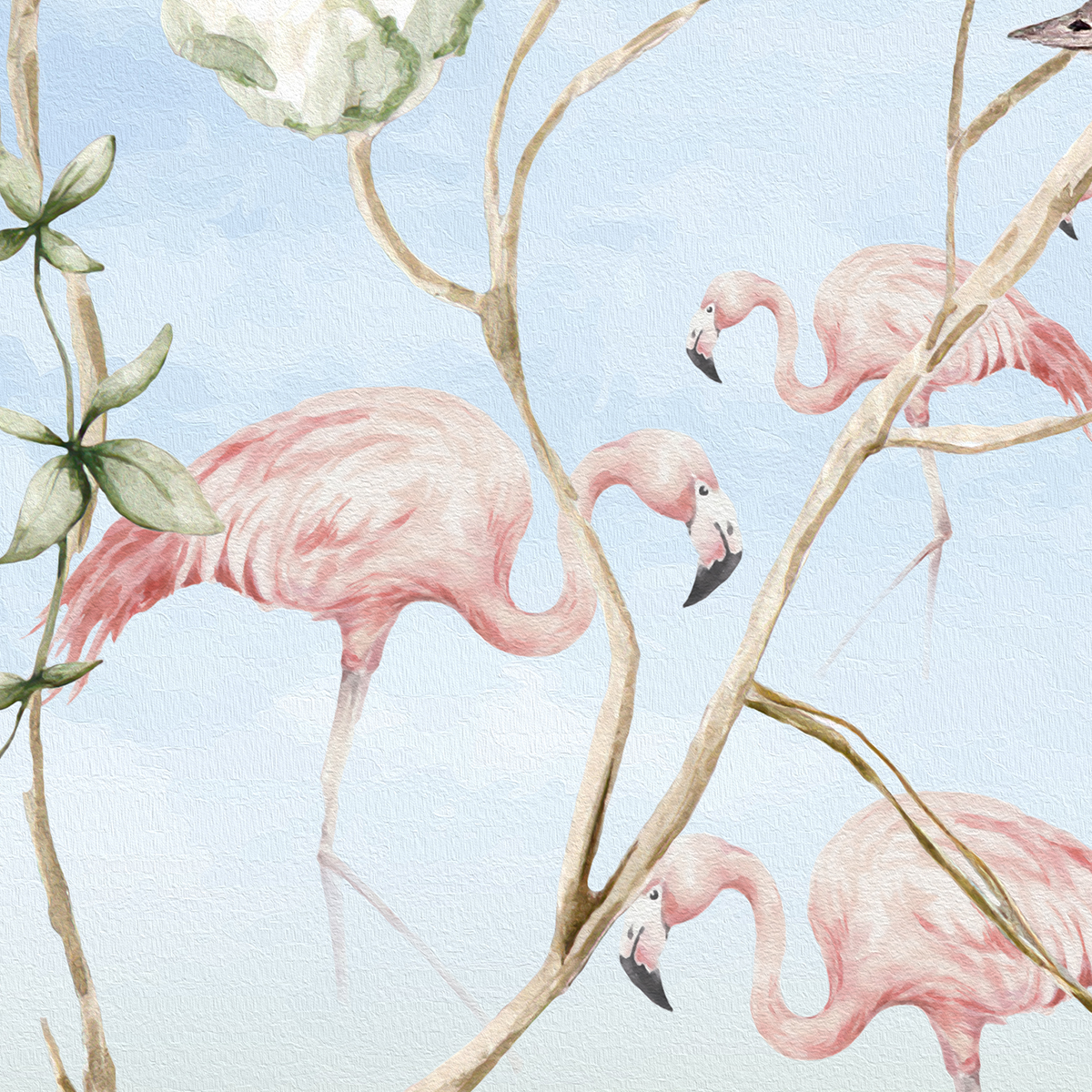 Lush Safari Mural Wallpaper with Ostrich and Flamingos - Kids Watercolor