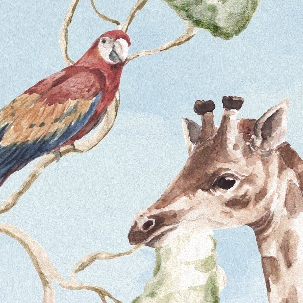 Lush Safari Mural Wallpaper with Ostrich and Flamingos - Kids Watercolor