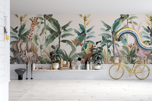 Botanical Safari Border Mural Wallpaper - Giraffe, Deer, and Flamingo Watercolor