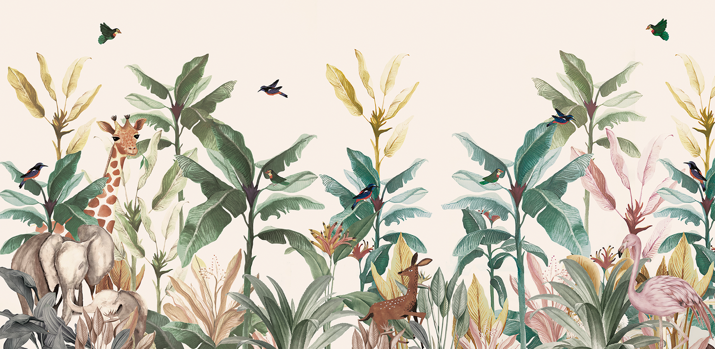Botanical Safari Border Mural Wallpaper - Giraffe, Deer, and Flamingo Watercolor
