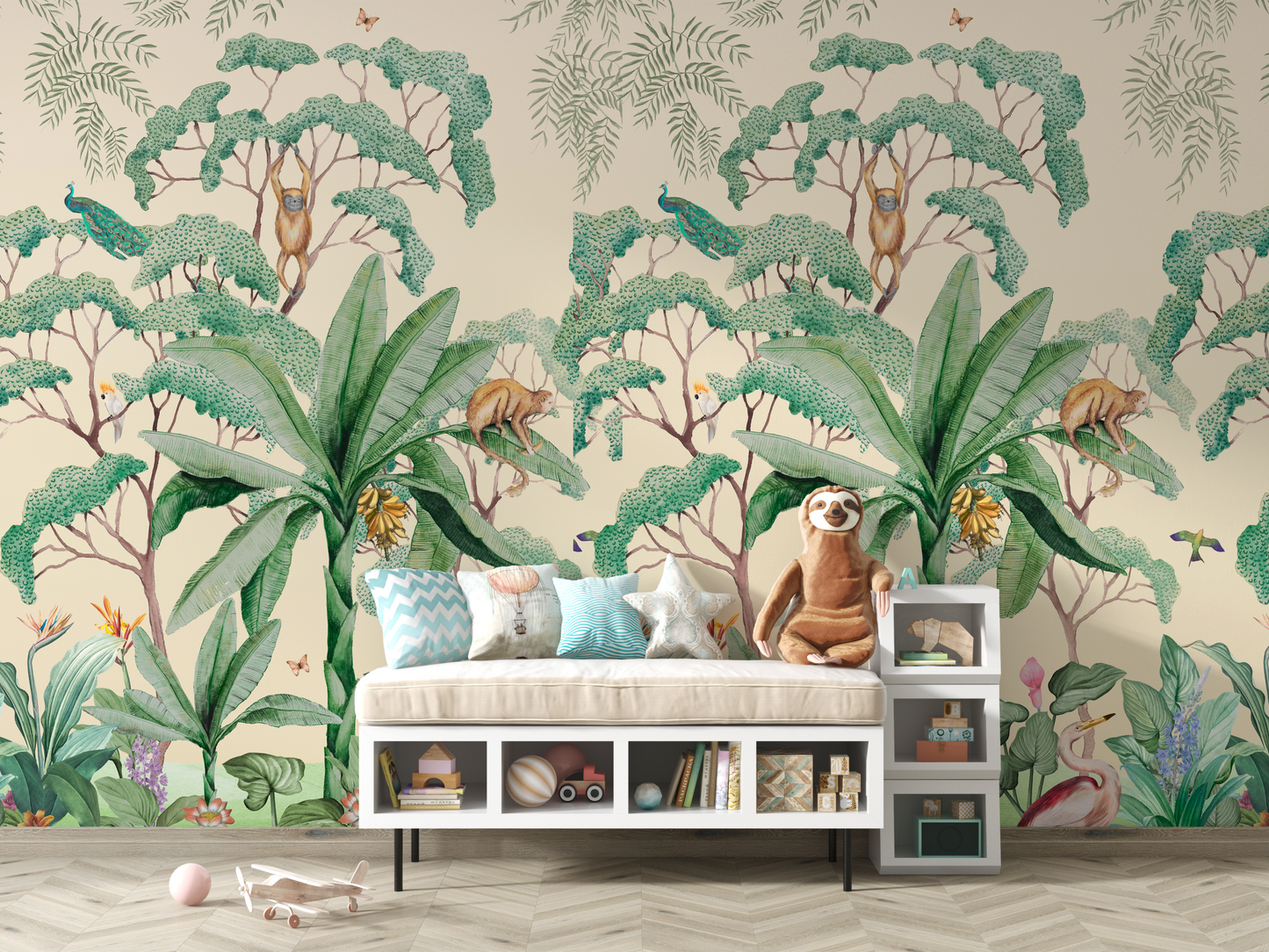 Tropical Jungle Border Mural Wallpaper with Monkeys and Herons - Watercolor