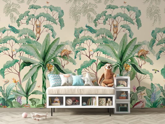 Tropical Jungle Border Mural Wallpaper with Monkeys and Herons - Watercolor
