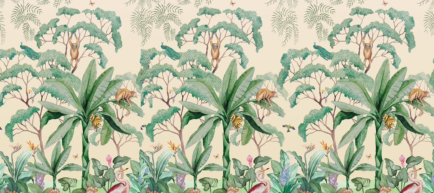 Tropical Jungle Border Mural Wallpaper with Monkeys and Herons - Watercolor
