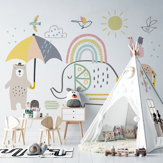 Nordic Abstract Animals Mural Wallpaper - Kids Pastel Colors