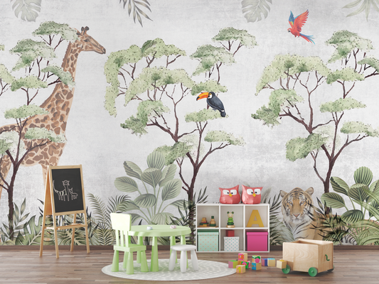 Safari Mural Wallpaper with Giraffe and Tiger - Watercolor on Gray Texture