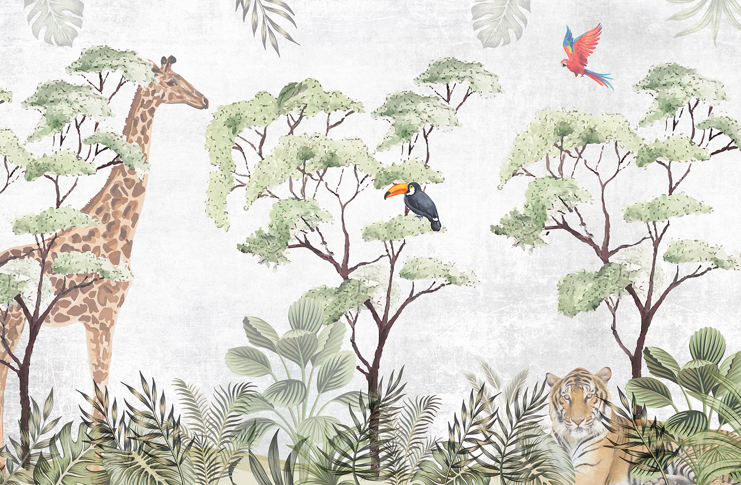 Safari Mural Wallpaper with Giraffe and Tiger - Watercolor on Gray Texture