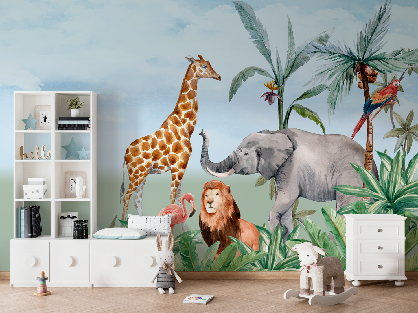 Lush Safari Mural Wallpaper with Lion, Giraffe, and Elephant - Kids Watercolor