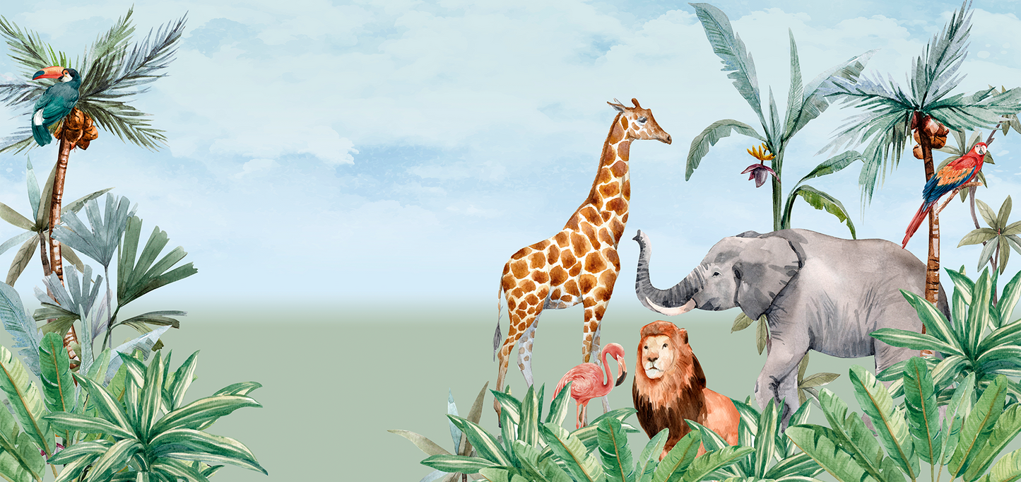 Lush Safari Mural Wallpaper with Lion, Giraffe, and Elephant - Kids Watercolor