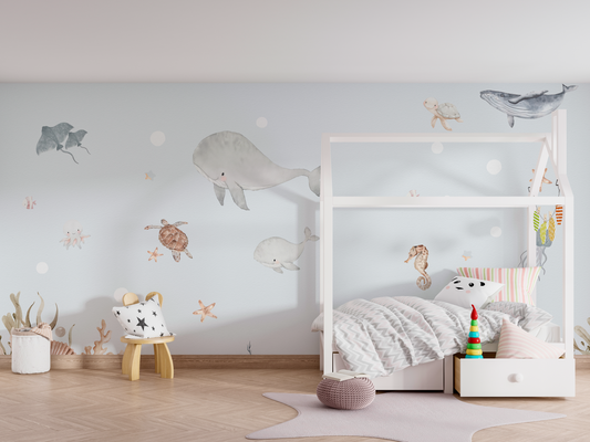 Watercolor Sea Life Mural Wallpaper - Pastel Whales and Turtles Kids