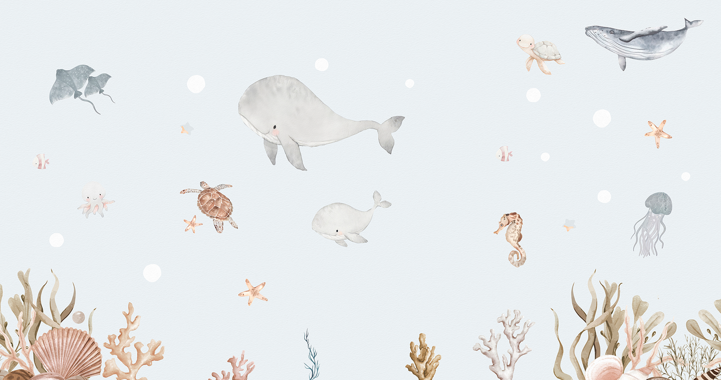 Watercolor Sea Life Mural Wallpaper - Pastel Whales and Turtles Kids