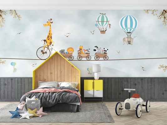 Safari Air Train Mural Wallpaper - Giraffe, Lion, and Hot Air Balloons Kids