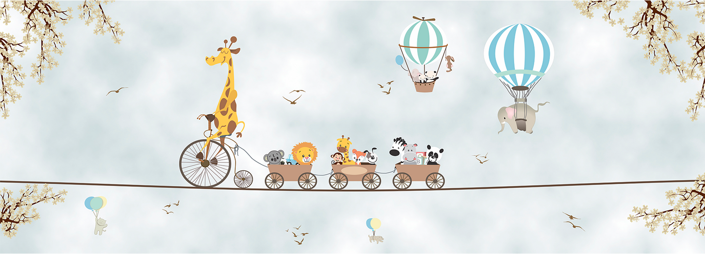 Safari Air Train Mural Wallpaper - Giraffe, Lion, and Hot Air Balloons Kids