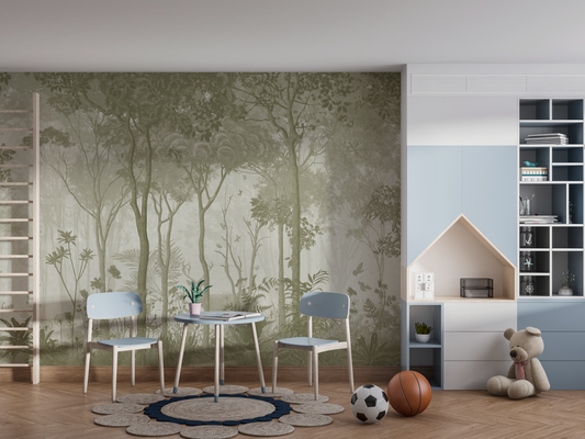 Monochromatic Misty Forest Mural - Olive Green and Deer