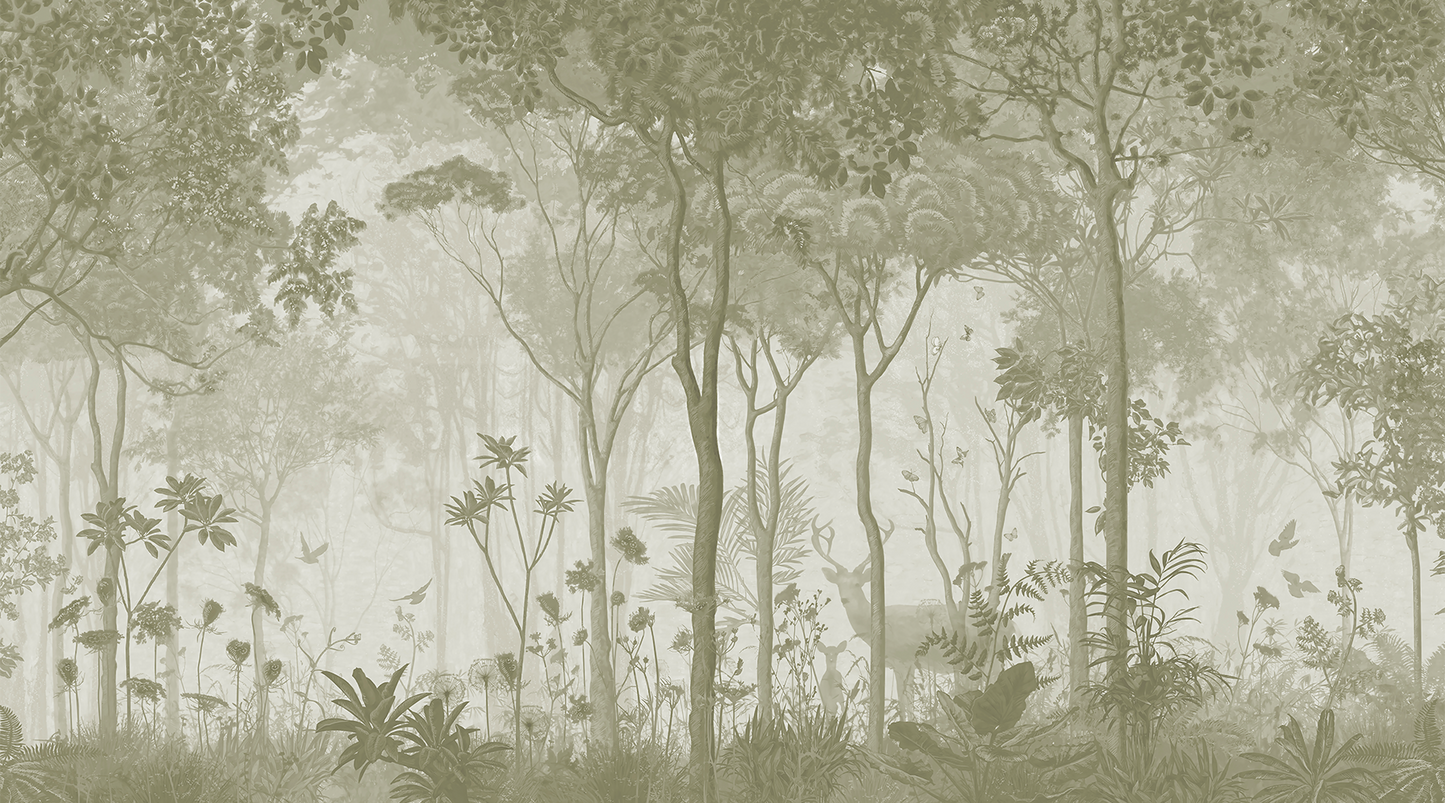 Monochromatic Misty Forest Mural - Olive Green and Deer