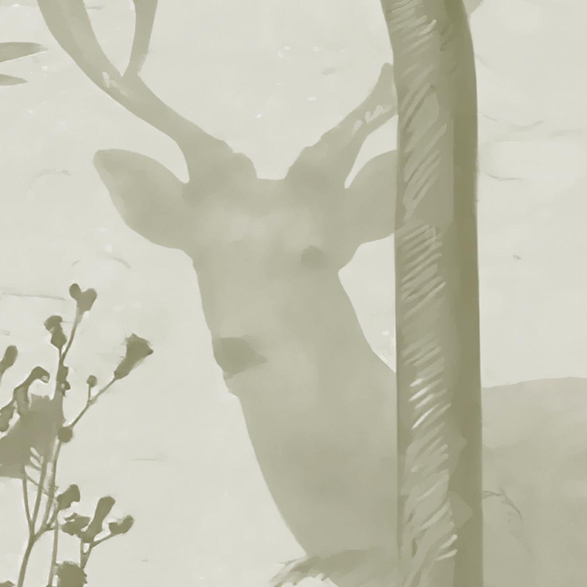 Monochromatic Misty Forest Mural - Olive Green and Deer