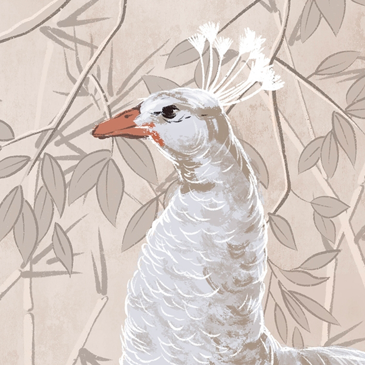 White Peacock Chinoiserie Mural Wallpaper - Beige and Dusty Rose