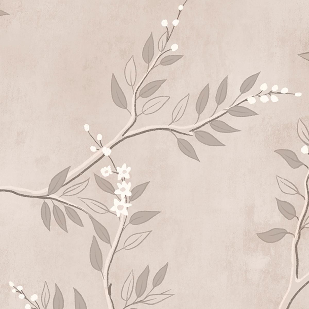 White Peacock Chinoiserie Mural Wallpaper - Beige and Dusty Rose