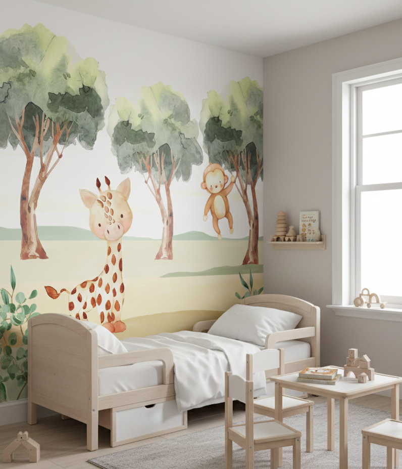 Cute Watercolor Safari Friends Mural - Giraffe & Monkey