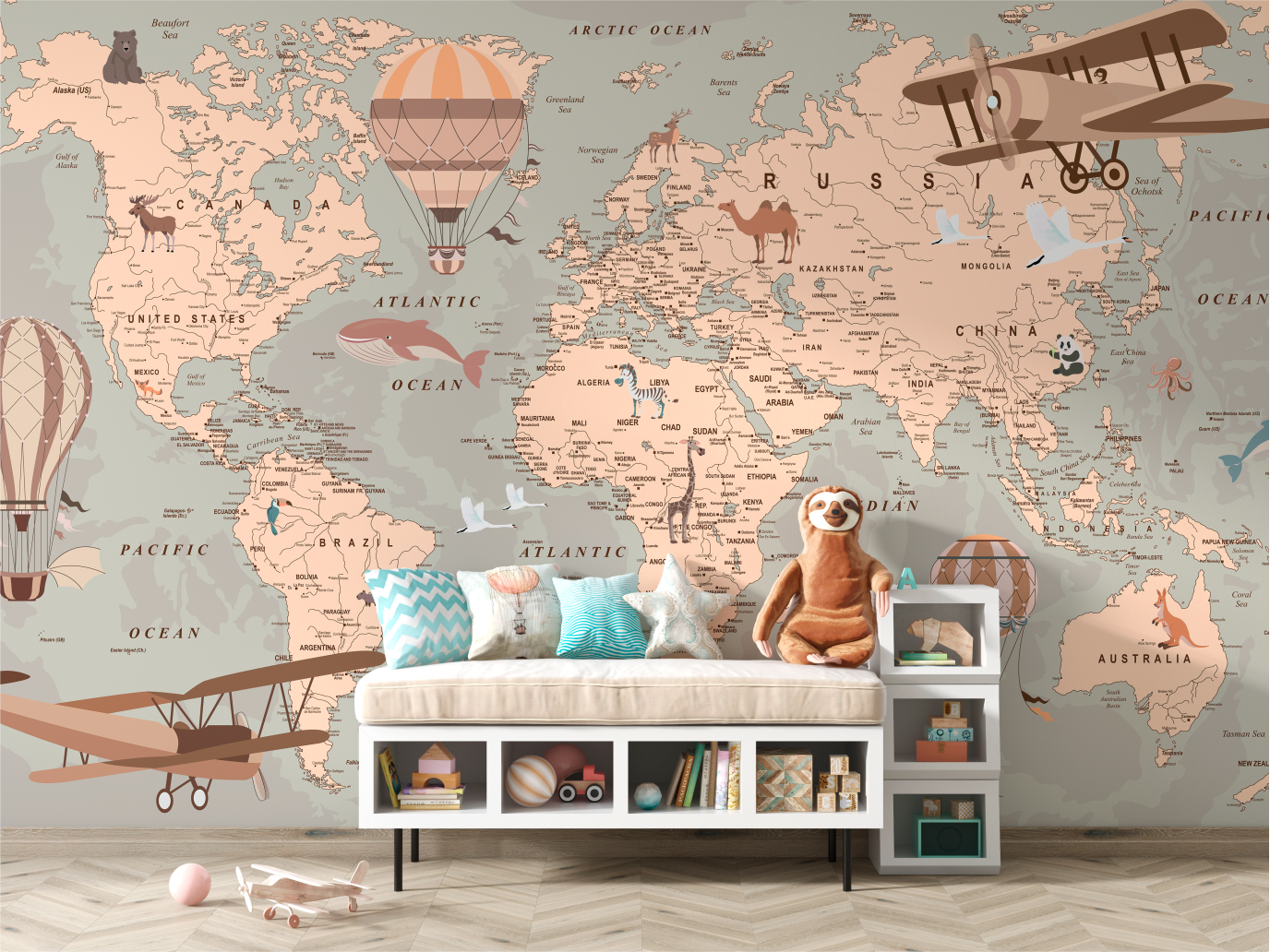 Vintage Adventure World Map Mural - Hot Air Balloons & Planes