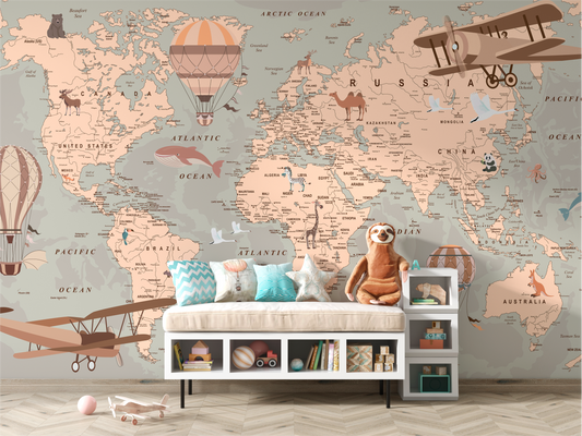 Vintage Adventure World Map Mural - Hot Air Balloons & Planes