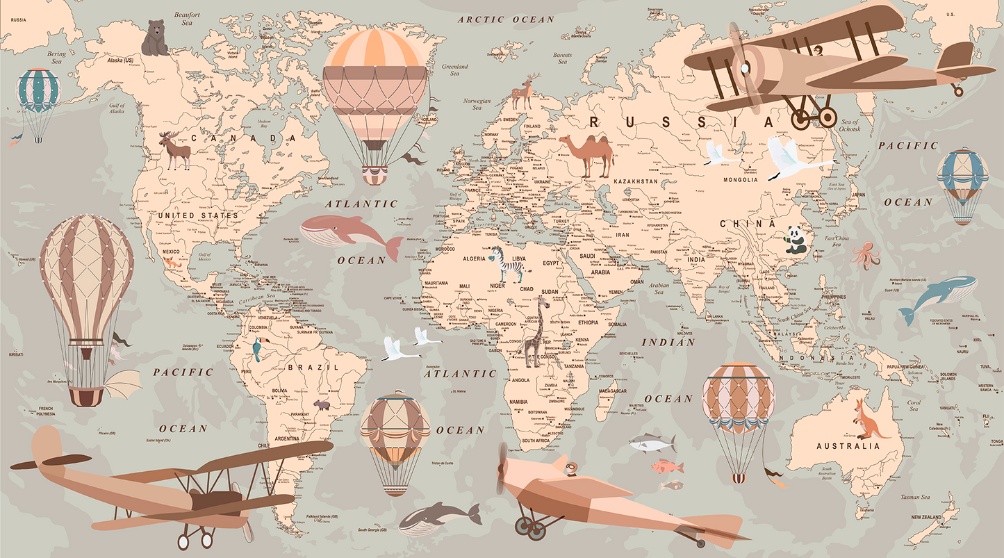 Vintage Adventure World Map Mural - Hot Air Balloons & Planes