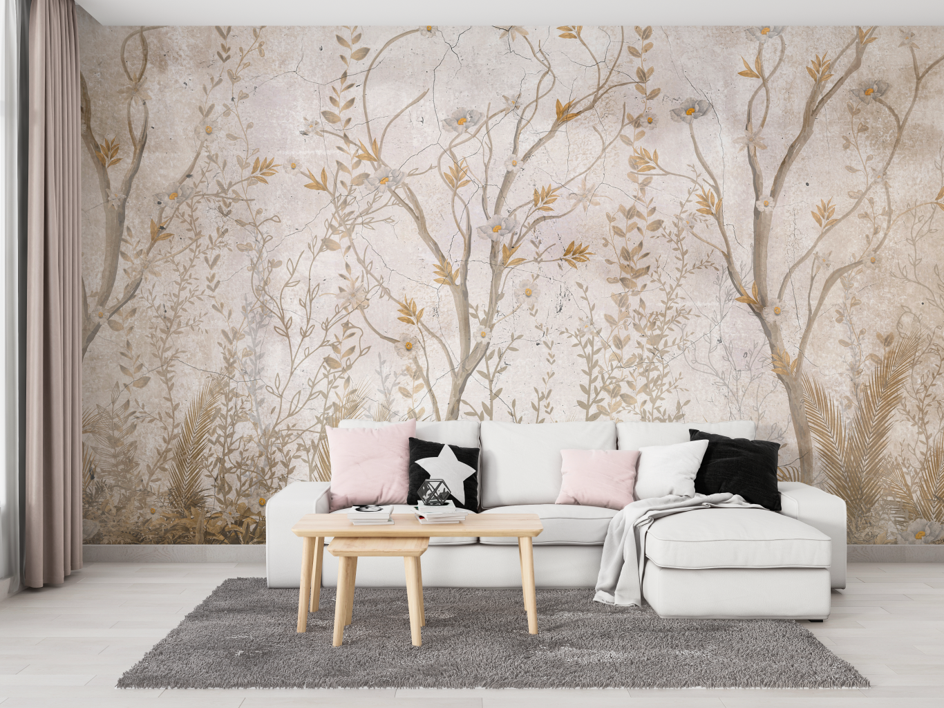 Vintage Fresco Floral Trees Mural - Faded Gold & Cream