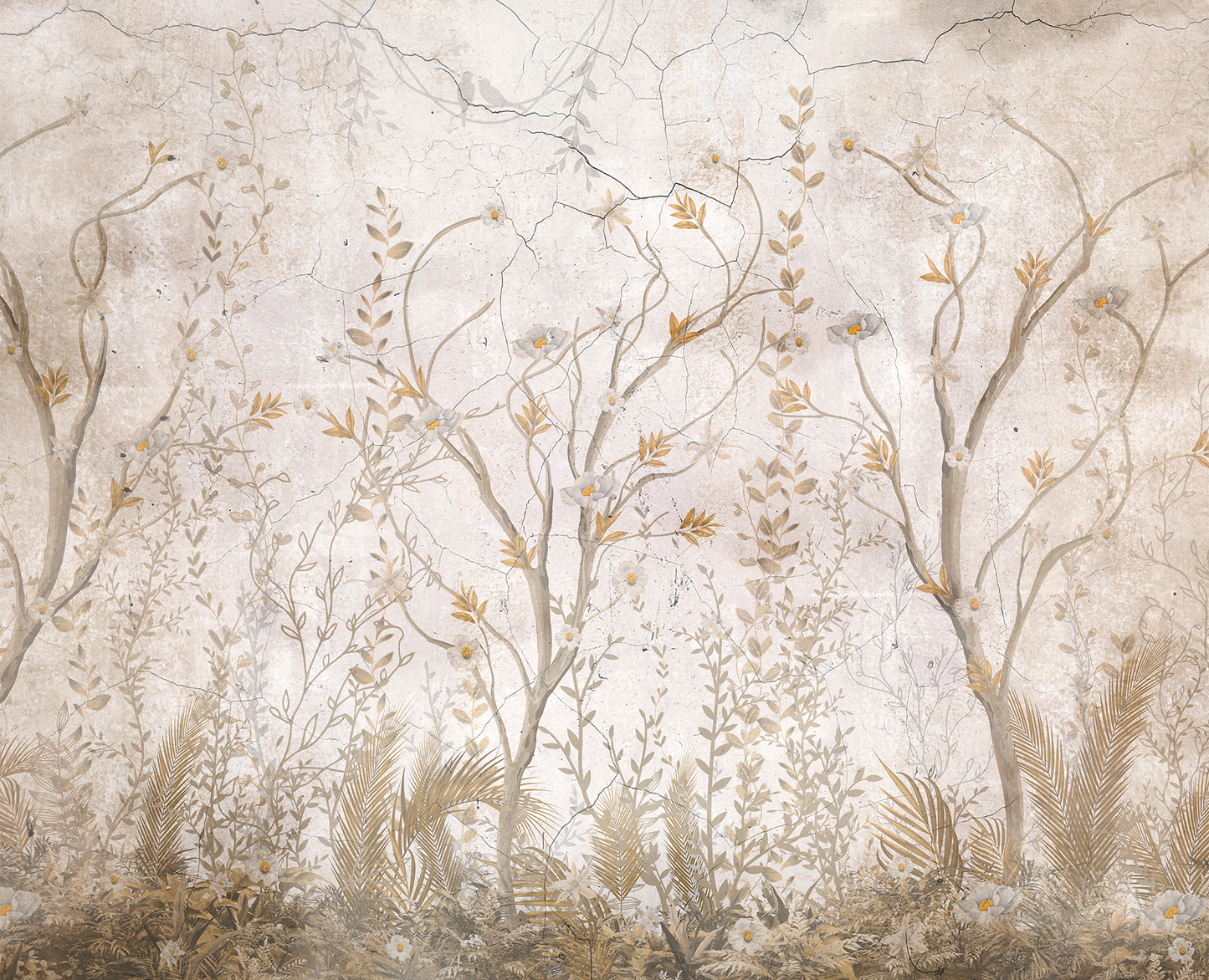 Vintage Fresco Floral Trees Mural - Faded Gold & Cream
