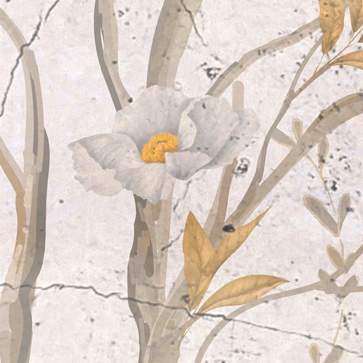 Vintage Fresco Floral Trees Mural - Faded Gold & Cream