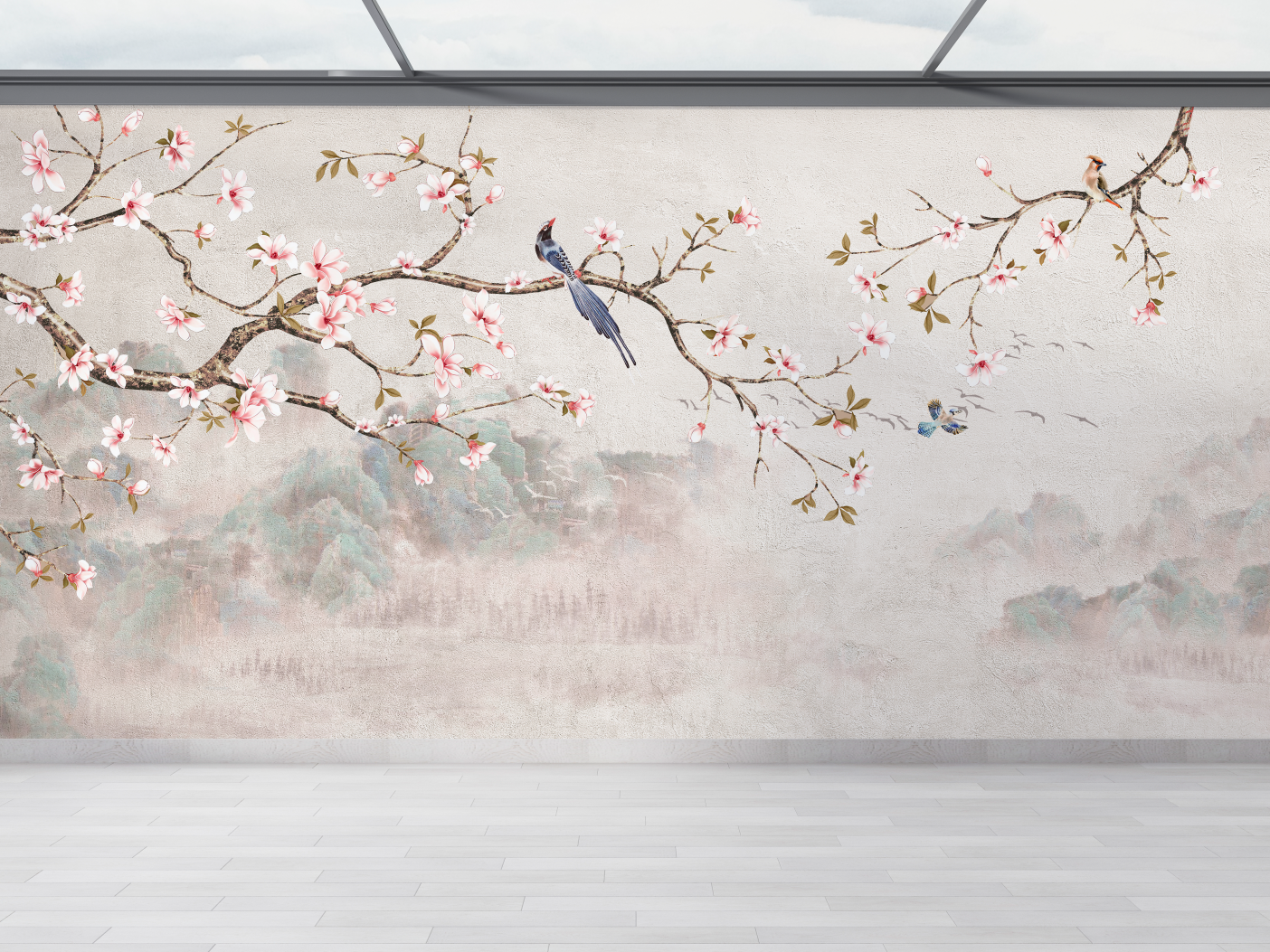 Oriental Blossom Branch and Misty Landscape Mural