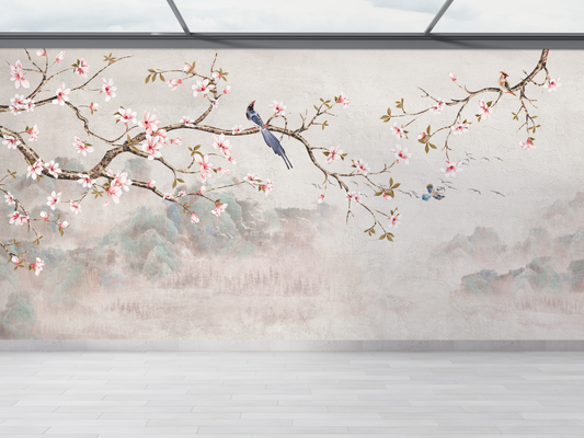 Oriental Blossom Branch and Misty Landscape Mural