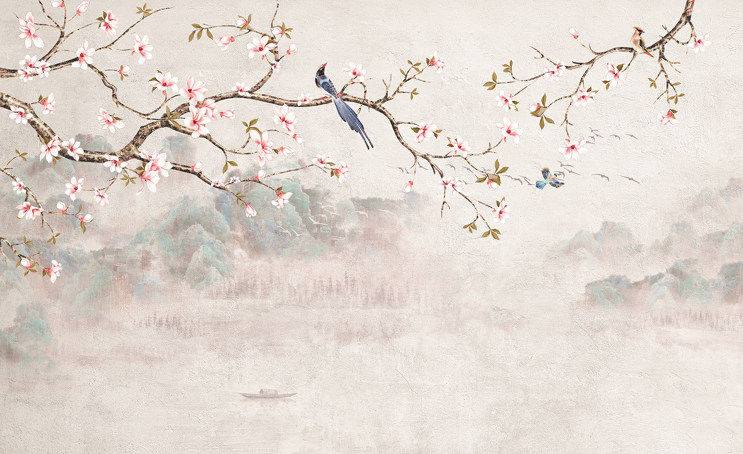 Oriental Blossom Branch and Misty Landscape Mural