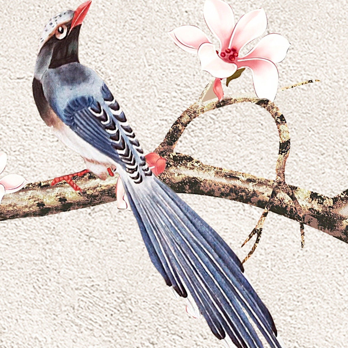 Oriental Blossom Branch and Misty Landscape Mural