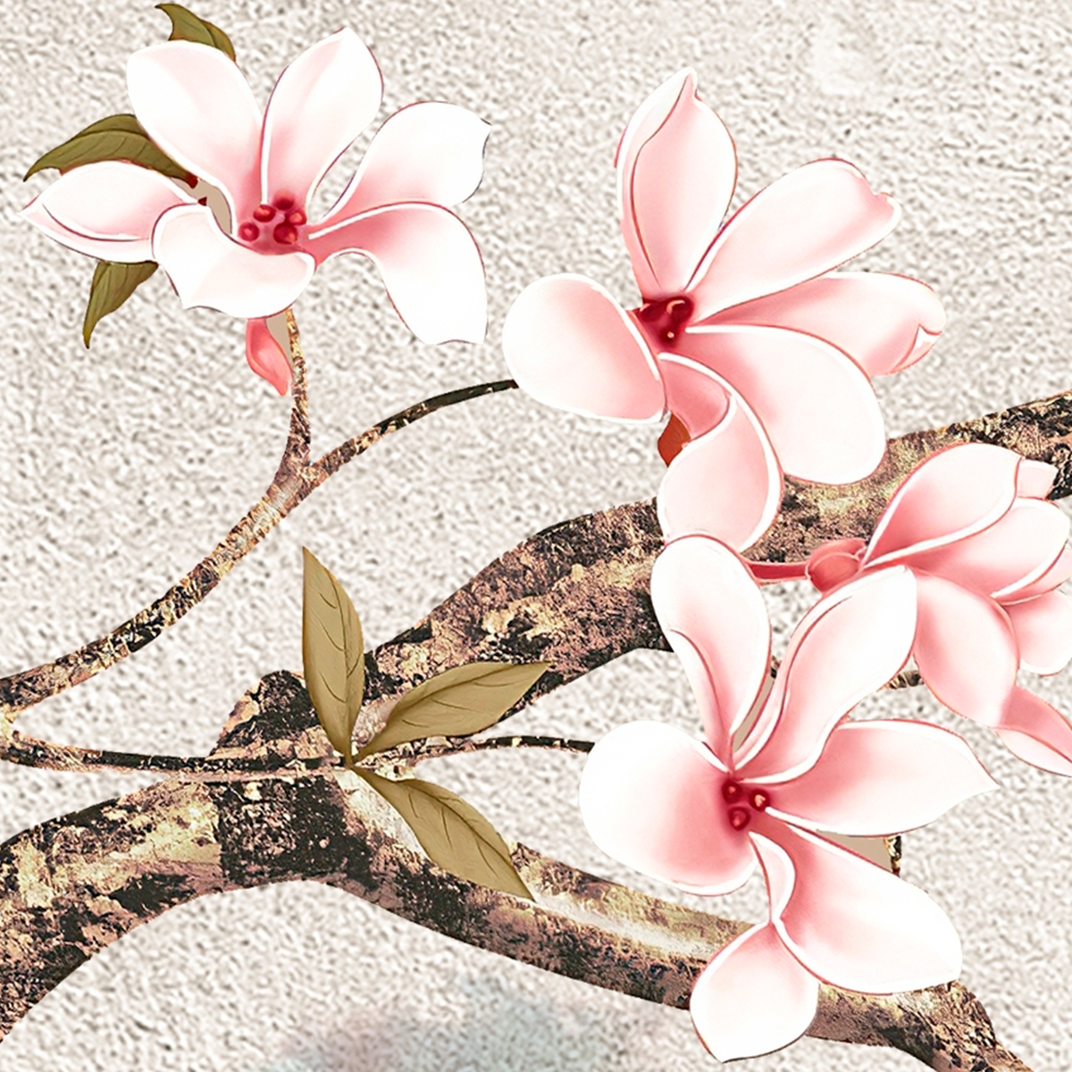 Oriental Blossom Branch and Misty Landscape Mural