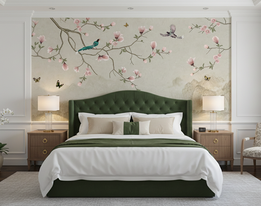 Oriental Magnolia Blossom, Bird, and Mountain Mural
