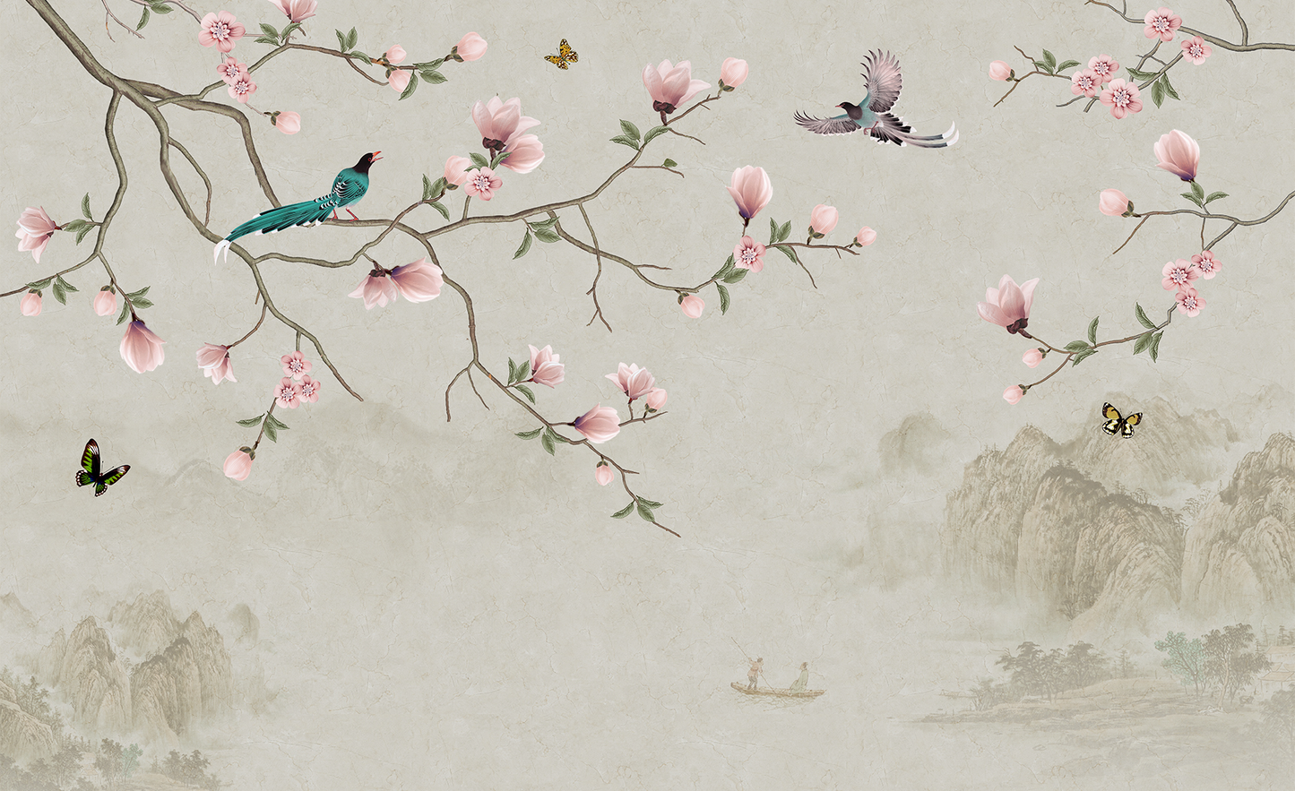 Oriental Magnolia Blossom, Bird, and Mountain Mural