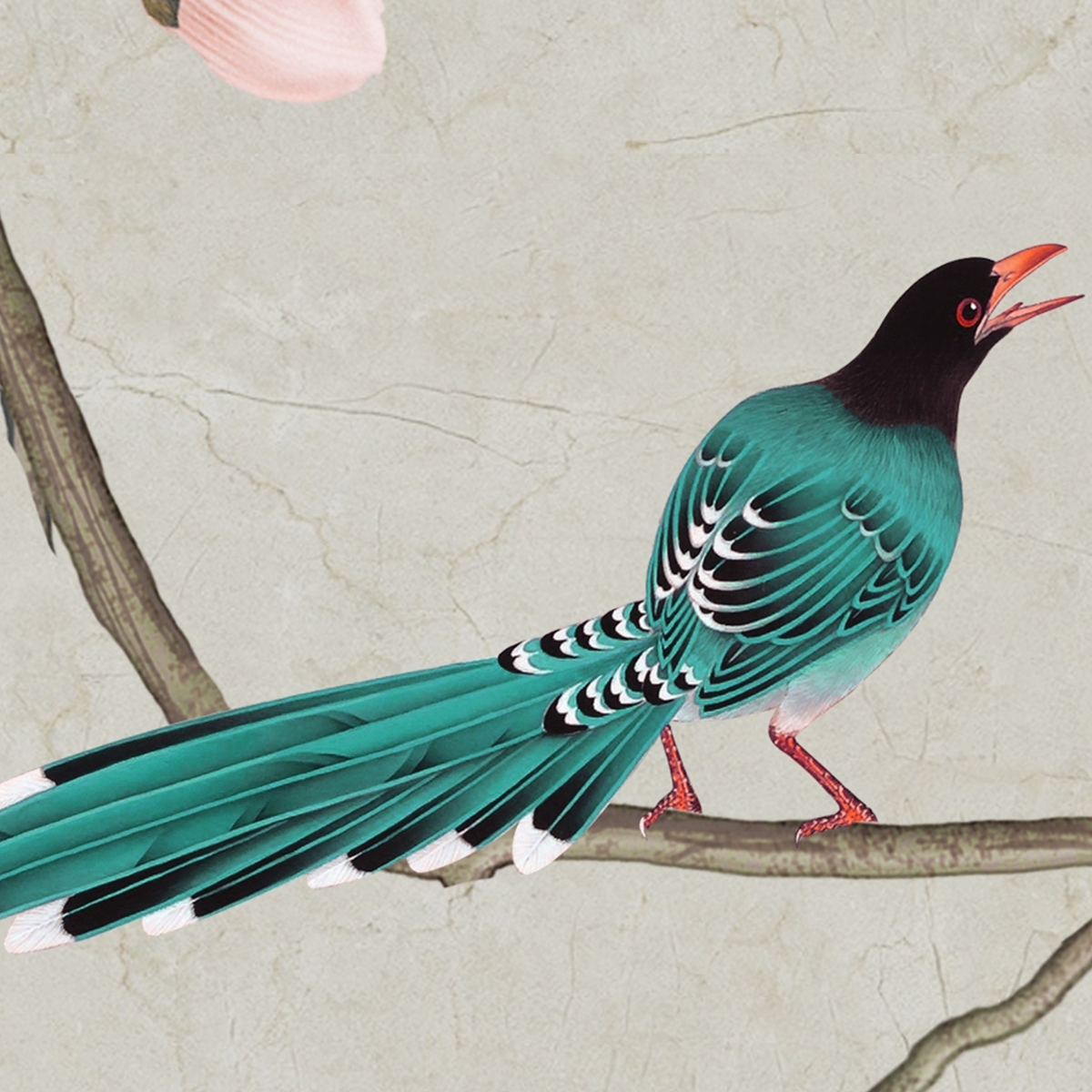 Oriental Magnolia Blossom, Bird, and Mountain Mural