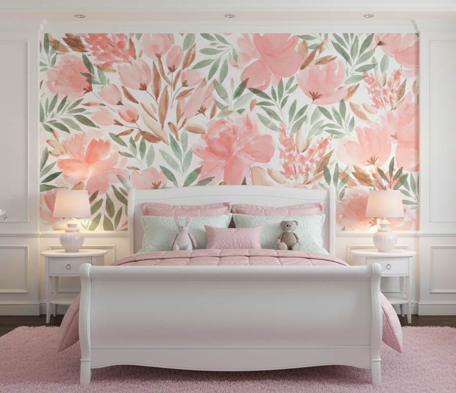Watercolor Peony & Botanical Full Coverage Mural