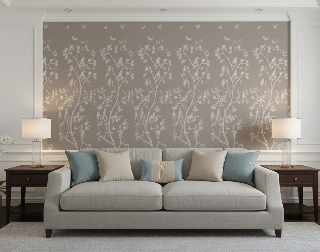 Elegant Monochrome Tree of Life and Birds Mural