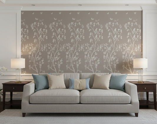 Elegant Monochrome Tree of Life and Birds Mural