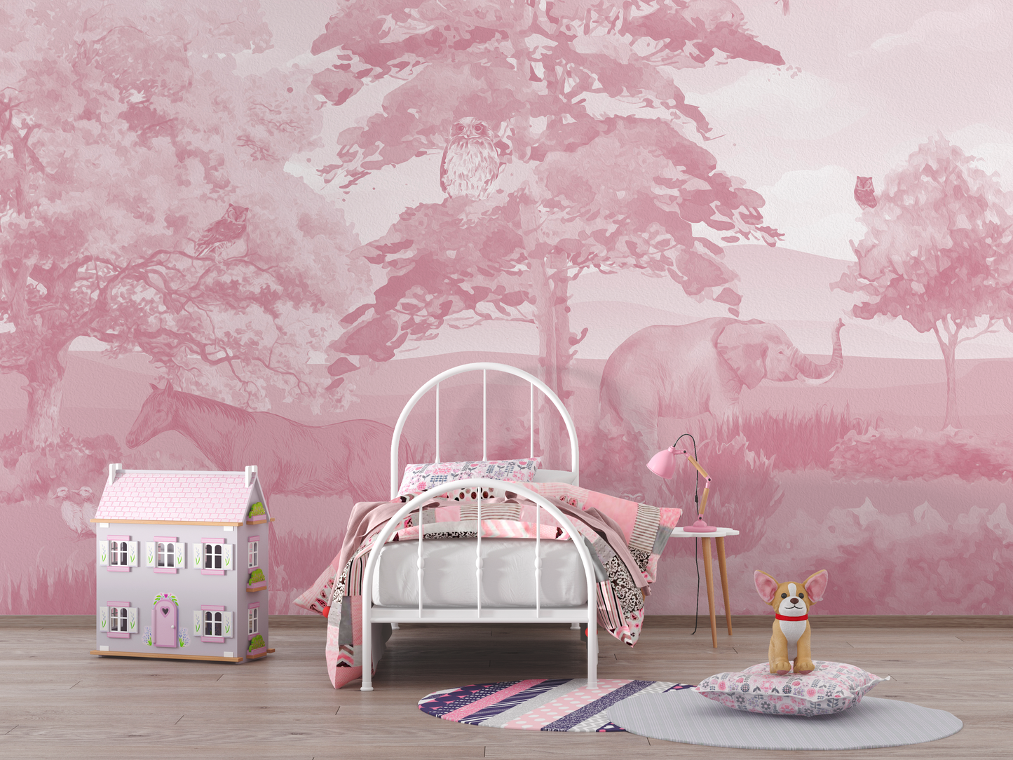 Soft Pink Monochromatic Wildlife Landscape Mural