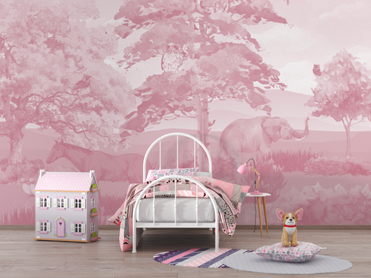 Soft Pink Monochromatic Wildlife Landscape Mural