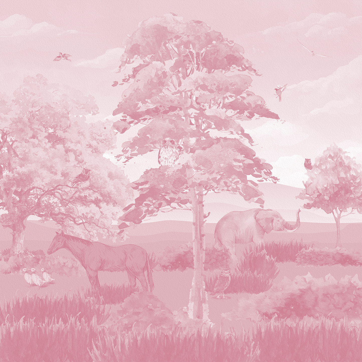 Soft Pink Monochromatic Wildlife Landscape Mural