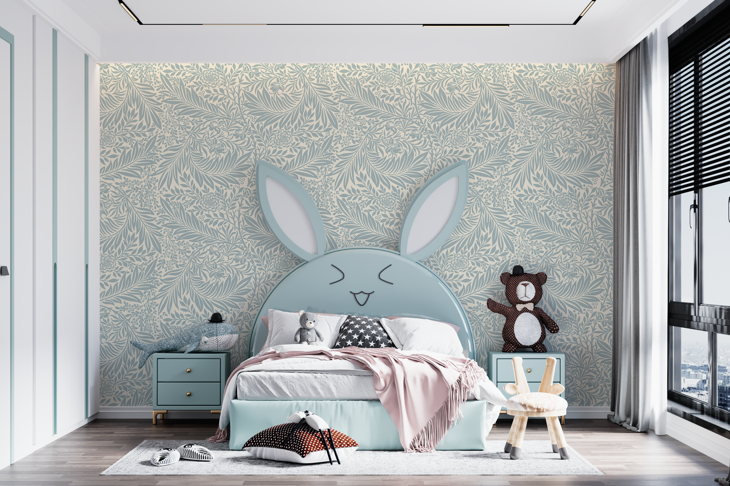 Soft Blue Botanical Line Art Mural