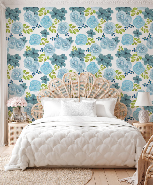 Blue Watercolor Rose Floral Mural