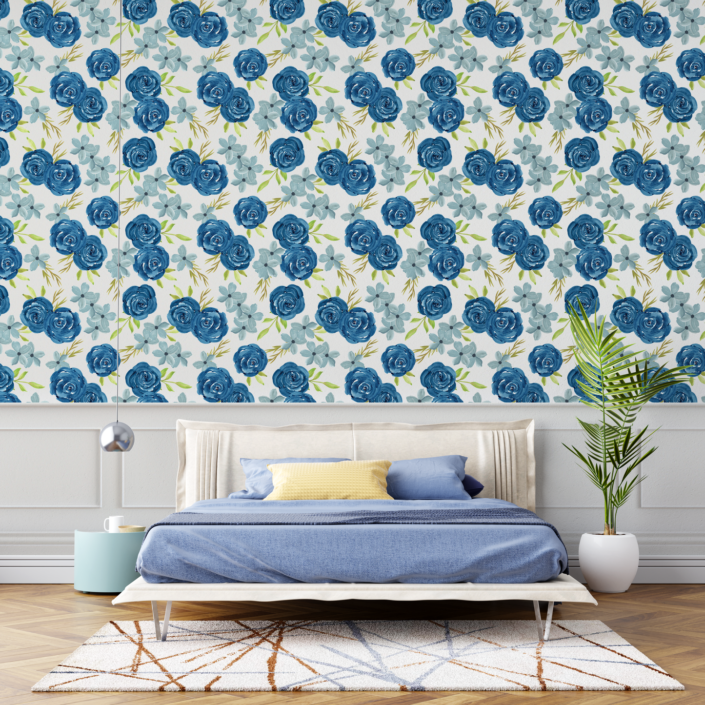 Navy Blue Watercolor Rose Floral Mural