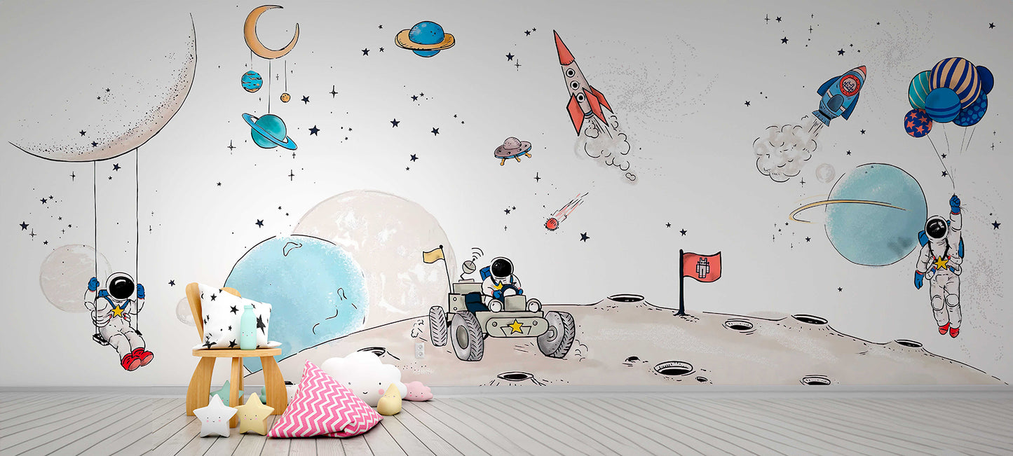 Playful Space Adventures Astronaut Theme Wallpaper