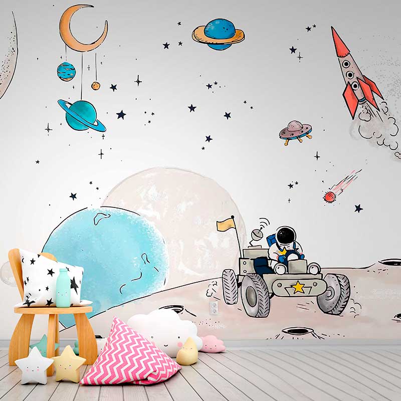 Playful Space Adventures Astronaut Theme Wallpaper